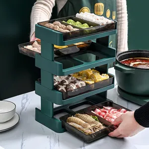 Multi-tier foldable dark green kitchen vegetable prep rack for hot pot ingredients