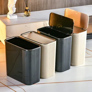 Slanke Prullenbak Met Pop-up Deksel Licht Luxe Verticaal Streepjespatroon Smalle Afvalbak Voor Badkamer Woonkamer Keuken Plastic Afvalmand