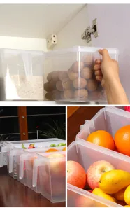 Detailansicht von Obst in transparenten Kunststoffboxen mit Griffen.