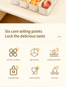 Six core functional icons for sealed food-grade fruit storage box with handle