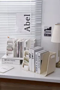 Desktop bookshelf and file organizer for student desk in a minimalist white office decor