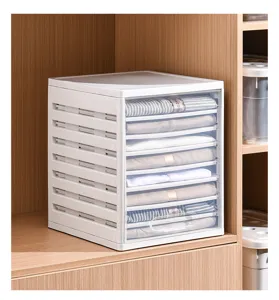 Detail view of a 7-tier white plastic wardrobe clothes organizer for shirts and tees.