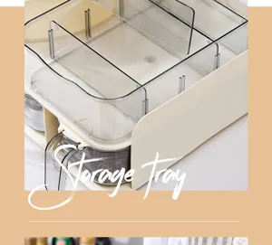Detailed view of cream-colored multi-functional kitchen spice storage tray with clear lids