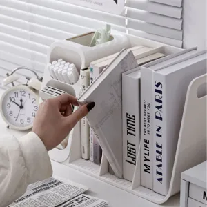 White minimalist desktop bookends and file organizer shown in a clean office setting