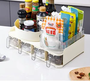 Multi-functional kitchen seasoning rack with 4 clear spice jars and sauce bottle storage