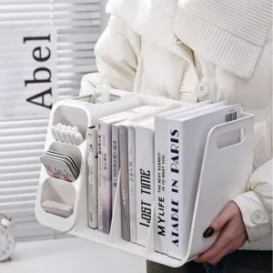 White multifunctional desktop book organizer and stationery holder for study desk
