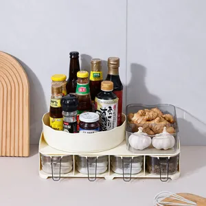 Multi-functional cream kitchen condiment organizer set with rotating tray and jars