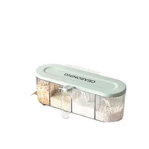 Wall-mounted multi-compartment seasoning box with spoons for neat kitchen storage