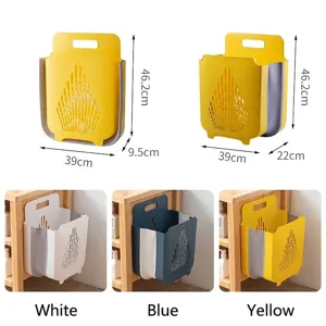 Cesto portabiancheria da parete pieghevole con dimensioni in giallo bianco e blu