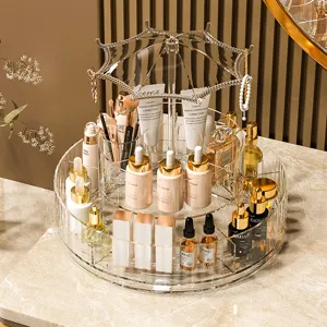Transparent Rotating Makeup Organizer PET Plastic Cosmetic Storage Box With Umbrella Jewelry Hook For Vanity Bedroom Bathroom