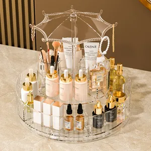 Rotating transparent acrylic cosmetic organizer with umbrella jewelry hooks for vanity