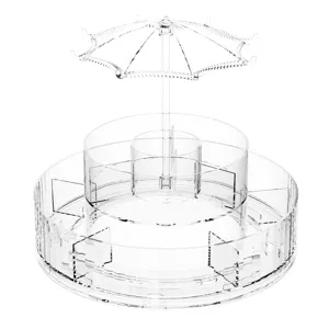 High-quality rotating transparent PET makeup organizer with unique umbrella hooks.