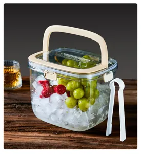 Close-up of a clear portable ice bucket filled with ice, grapes, and strawberries on wood