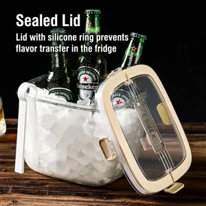 Portable clear rectangular ice bucket with sealed lid and scoop for outdoor beer cooling
