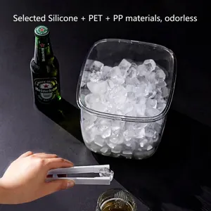 Portable transparent ice bucket with ice cubes and tongs for outdoor beer and drinks