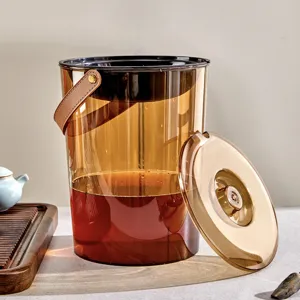 Cubo de Residuos de Té Kung Fu Moderno de Plástico Translúcido Con Asa de Cuero Malla de Filtro Cubo de Basura para Separación de Residuos de Té para Hogar Oficina Mesa de Té