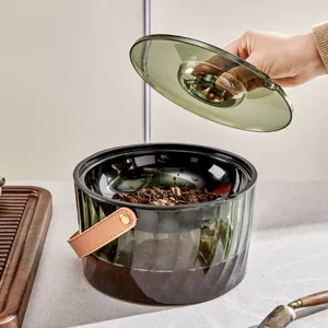 Cubo de basura de té kung fu translúcido verde oscuro moderno con asa de cuero y tamiz