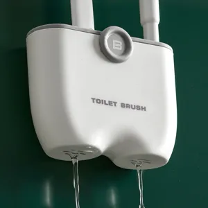 Minimalist wall-mounted toilet brush holder with drainage feature in white and grey