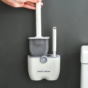 Wall-mounted silicone toilet brush set with long handle and storage base for bathroom