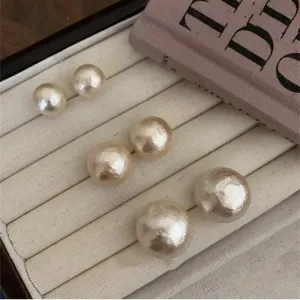 Retro French Style Large Cotton Pearl Stud Earrings With 925 Sterling Silver Post For Women Elegant Artificial Pearl Jewelry