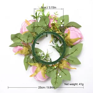 Portavelas con corona de capullos de rosa rosa artificial para bodas, 25 cm de diámetro