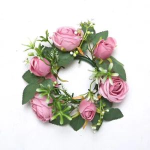 Corona de capullos de rosa rosa artificial para decoración romántica de mesa de boda