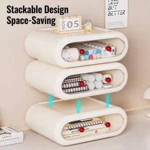 Cream-colored stackable desktop storage drawers with transparent windows for stationery organization
