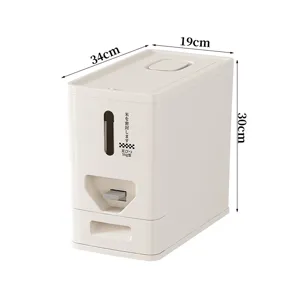 Cream-colored press-type rice storage container with 5kg capacity and dimensions