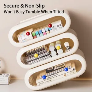 Stackable cream desktop storage drawer boxes with clear front and colorful handles