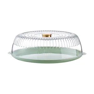 Modern transparent round food cover with a green tray and elegant gold top handle