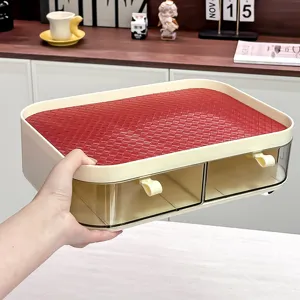 Modern desktop entryway organizer box with two transparent drawers and red woven top