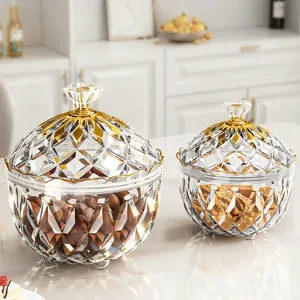 European luxury PET candy jars with gold trim and lids for snack storage