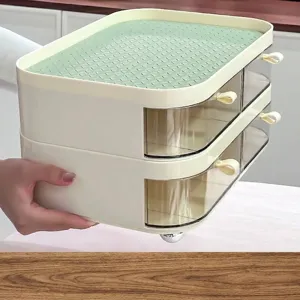 Elegant two-tier cream desktop storage box with transparent drawers for home organization.