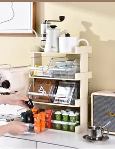 Detailed view of multi-tier coffee capsule organizer on a modern coffee station