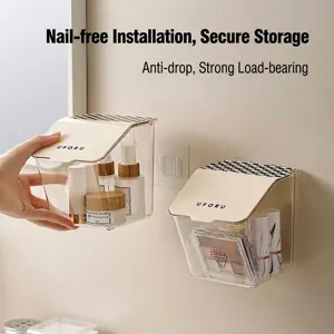 Wall-mounted transparent storage box with flip lid for bathroom cosmetics and small items