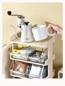Three-tier desktop organizer rack with transparent bins for coffee pods and tea bags
