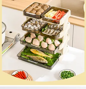 Multi-tier kitchen prep tray rack with transparent drawers for hotpot ingredient storage
