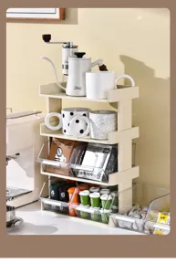 Detailed view of the 4-tier beige coffee station organizer with tilted storage bins