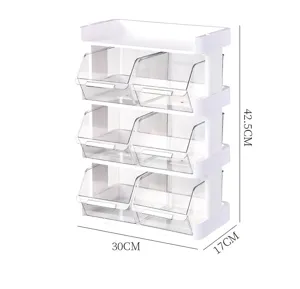 Detailed dimensions of 3-tier white desktop organizer for coffee and tea bag storage.