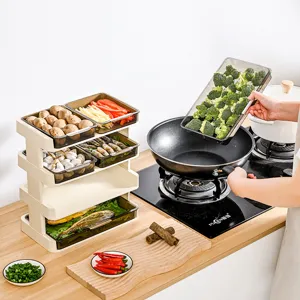 Multi-layer kitchen prep tray rack for organized vegetable storage in cooking scene