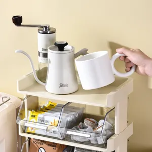 Multi-tier desktop coffee capsule and tea bag storage rack with transparent tilt-out bins