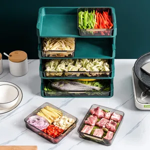 Modern multi-tier kitchen food preparation rack with transparent trays for hotpot prep