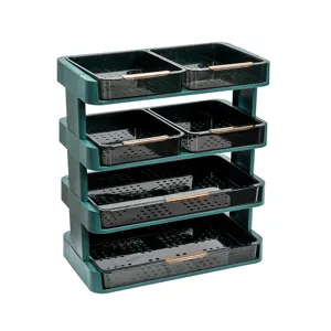 Modern 4-tier dark green kitchen prep rack with 6 transparent trays and elegant gold handles