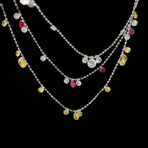 Dettaglio ravvicinato di collana multi-filo in argento con pendenti zirconi colorati