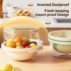 Panier d'égouttage de cuisine à double couche avec couvercle transparent pour fruits