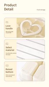 Detail view of food-grade storage box with heart handle and PET material details.