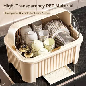 Kitchen dish drying rack with transparent PET cover and pull-out drainage tray for home store.