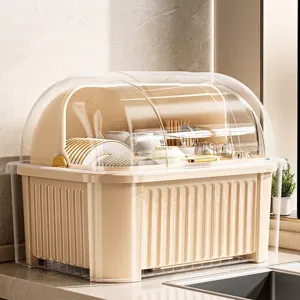 Kitchen dish drying rack with transparent dust-proof lid for tableware storage