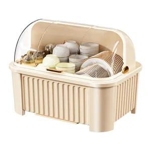 Elegant cream kitchen dish drying rack storage box with a transparent dustproof lid