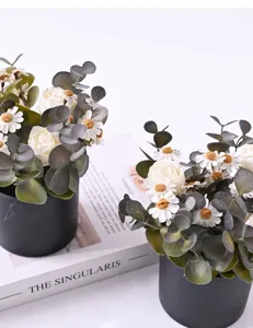 Artificial flower potted plant vintage rose daisy eucalyptus for office desktop decor.